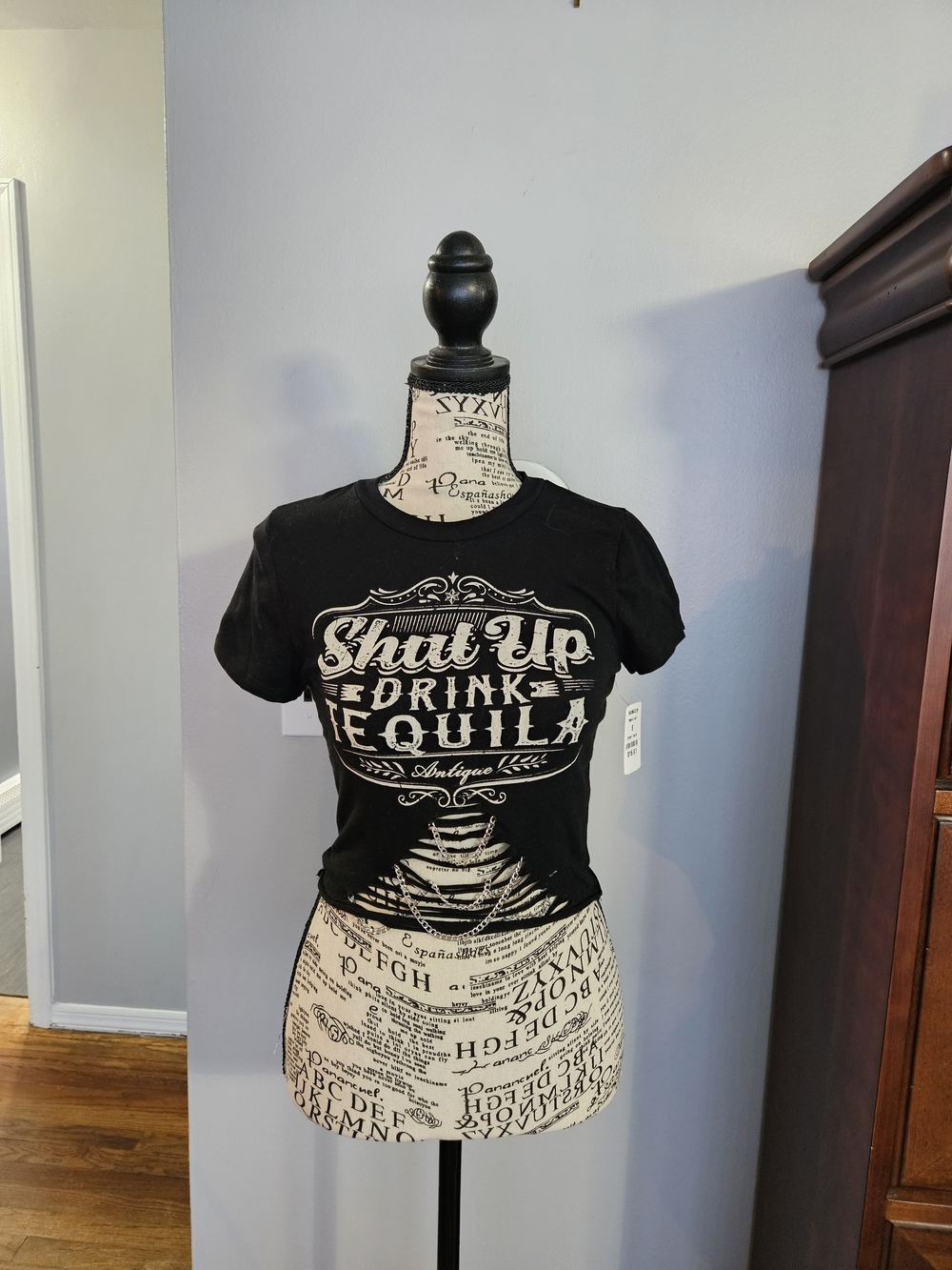 Shut Up Drink Tequila Graphic Crop Top With Chains